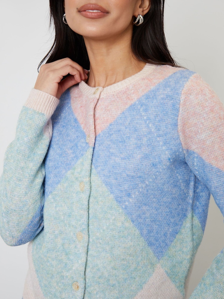 Threadbare Blue Argyle Button Up Knitted Cardigan - Image 2 of 4