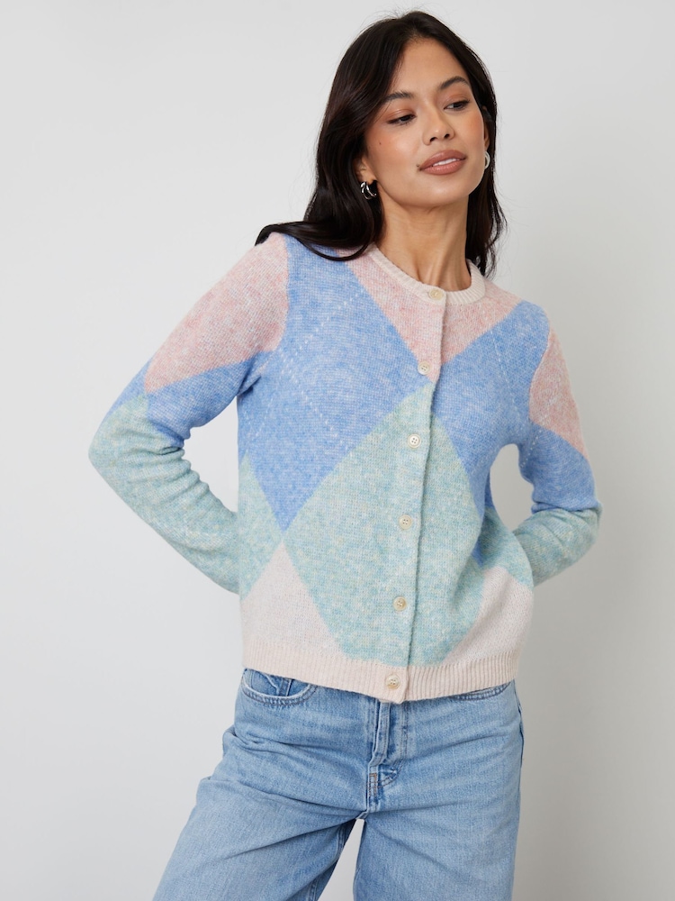 Threadbare Blue Argyle Button Up Knitted Cardigan - Image 3 of 4