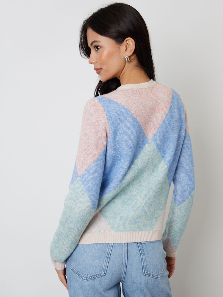Threadbare Blue Argyle Button Up Knitted Cardigan - Image 4 of 4