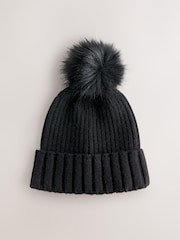 Black Rib Knit Pom Hat - Image 1 of 3