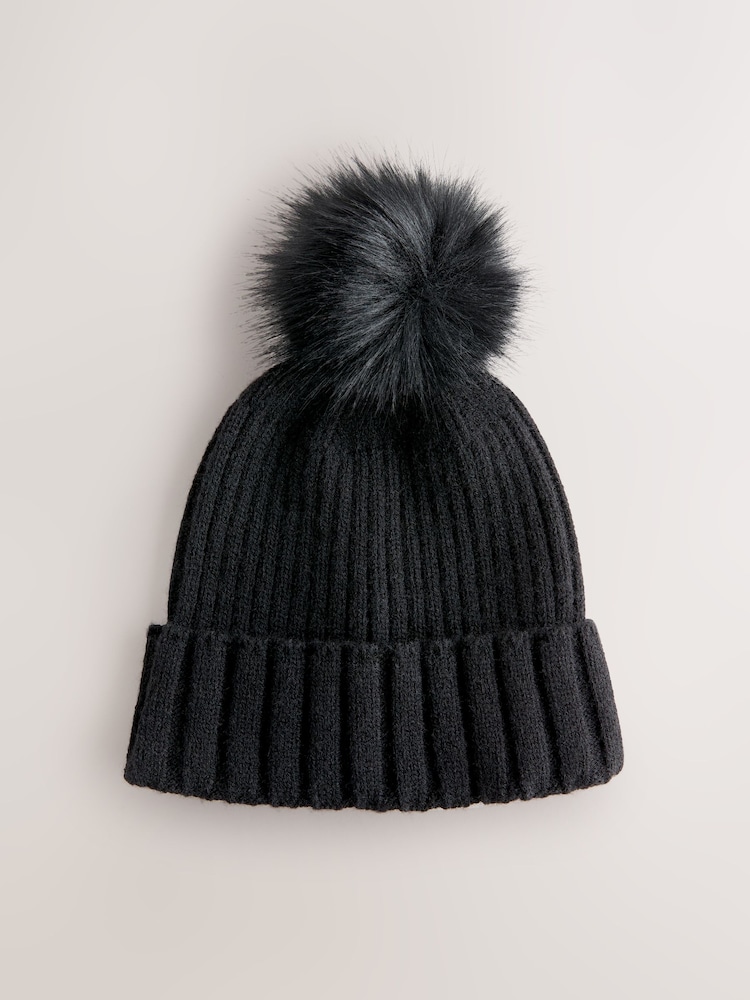 Black Rib Knit Pom Hat - Image 1 of 3