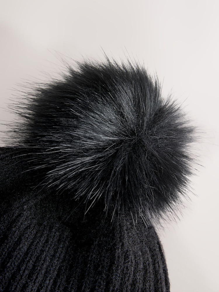 Black Rib Knit Pom Hat - Image 3 of 3