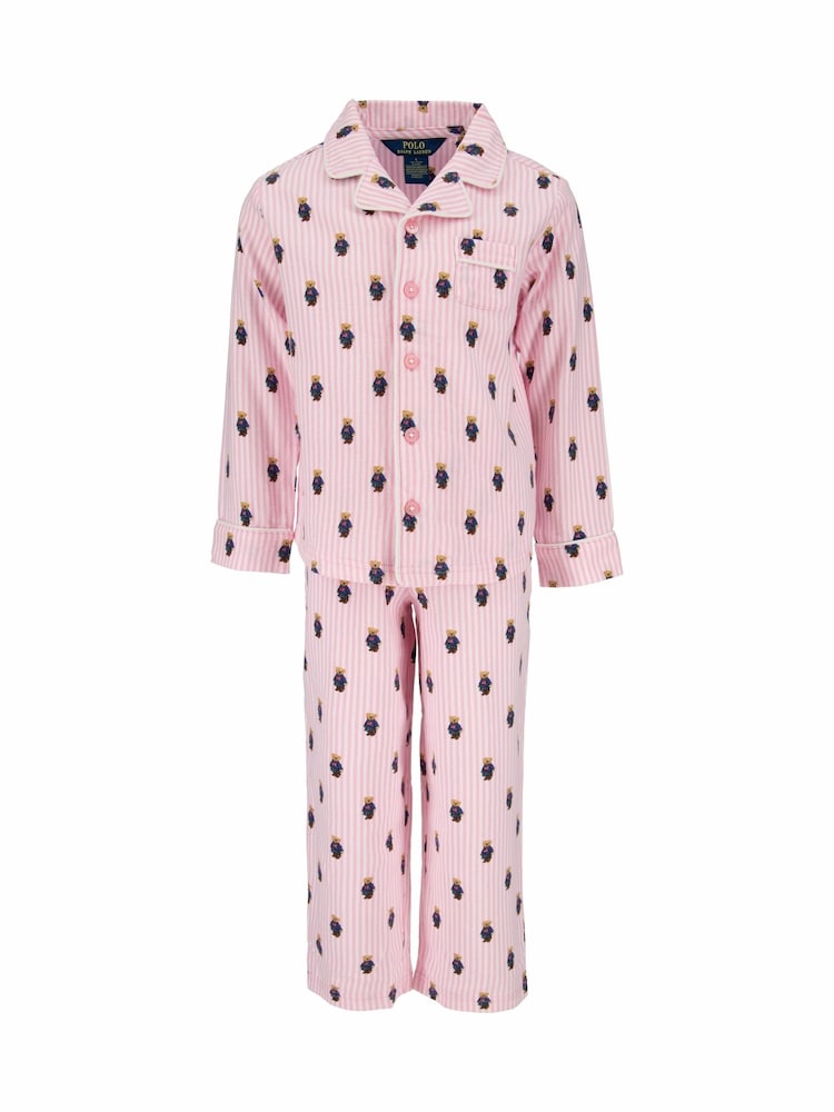Polo Ralph Lauren Pink Long Sleeve Bear Print 100% Cotton Pyjama Top and Bottom Set - Image 1 of 6