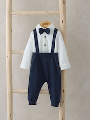 Mamas & Papas Blue 100% Cotton Bow Tie, Braces, Bodysuit & Trousers Outfit Set - Image 1 of 3