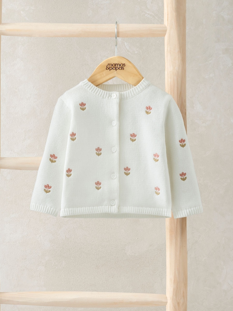 Mamas & Papas Embroidered Knit 100% Cotton White Cardigan - Image 3 of 4
