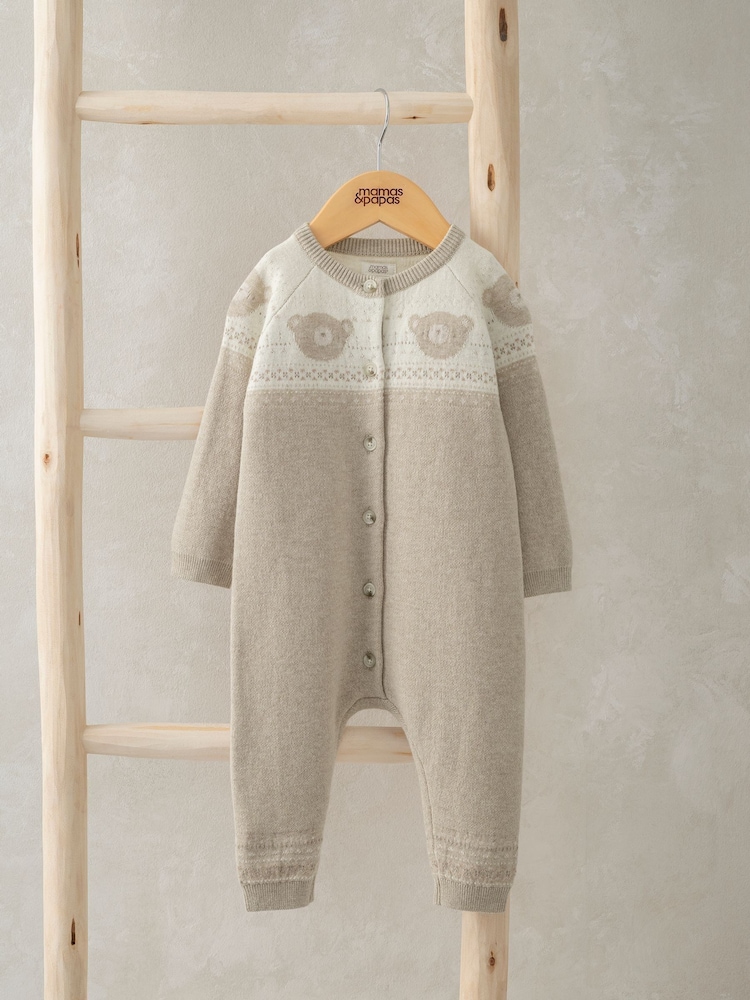 Mamas & Papas Teddy Bear Knitted 100% Cotton Brown Romper - Image 1 of 3