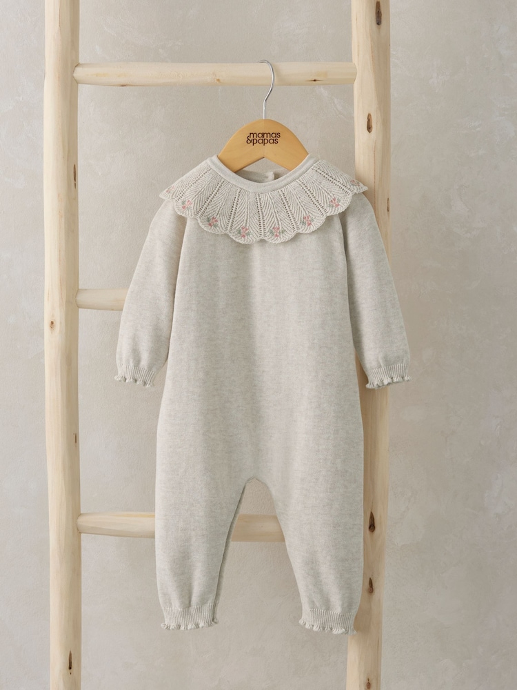 Mamas & Papas Knitted Scallop Collar 100% Cotton Brown Romper - Image 1 of 2
