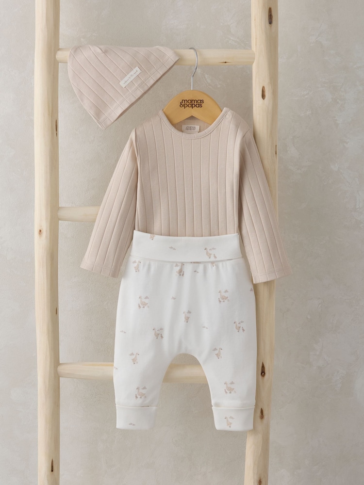 Mamas & Papas Duckling 100% Cotton Brown Bodysuit, Leggings & Hat Outfit Set - Image 1 of 8