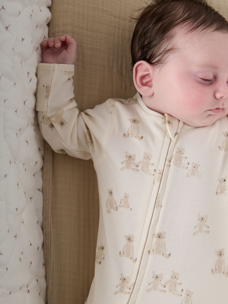Mamas & Papas Teddy Bear Print 100% Cotton Brown Sleepsuit - Image 3 of 6