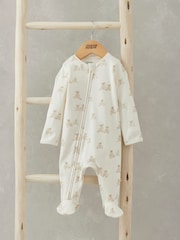 Mamas & Papas Teddy Bear Print 100% Cotton Brown Sleepsuit - Image 5 of 6