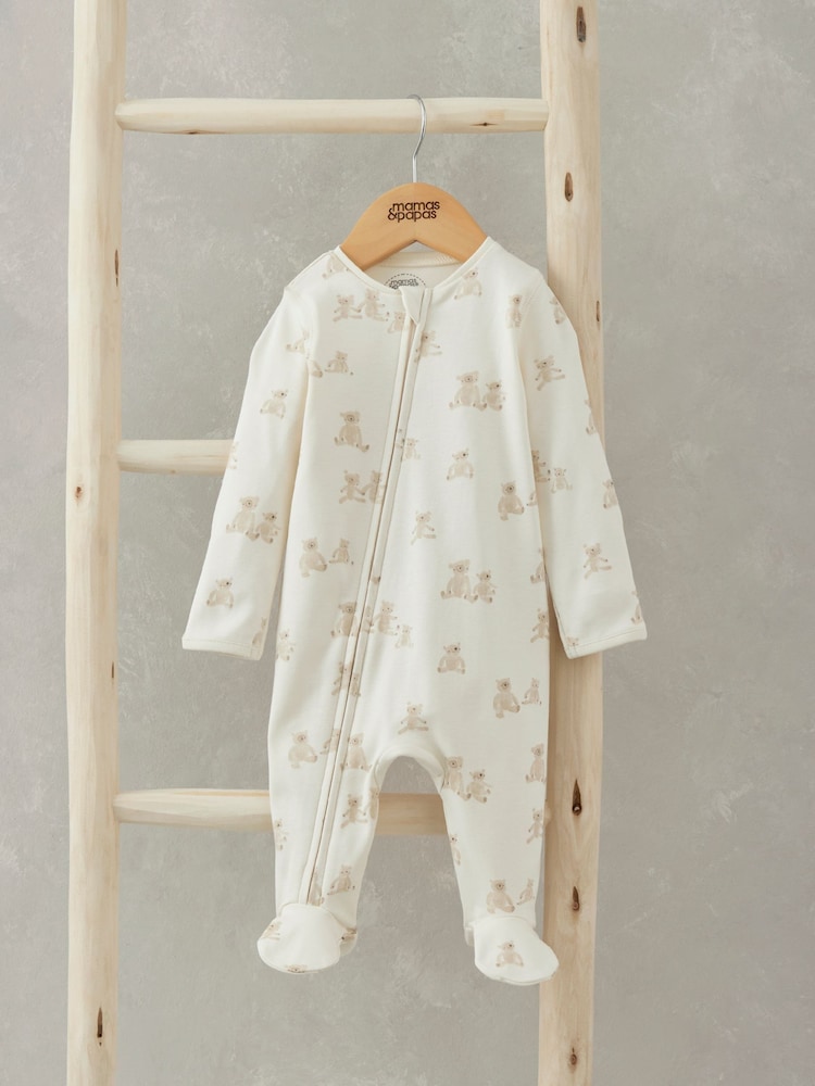 Mamas & Papas Teddy Bear Print 100% Cotton Brown Sleepsuit - Image 5 of 6