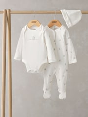 Mamas & Papas Bunny Jersey 100% Cotton White Sleepsuit, Bodysuit & Hat Set - Image 1 of 1