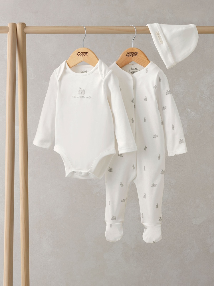 Mamas & Papas Bunny Jersey 100% Cotton White Sleepsuit, Bodysuit & Hat Set - Image 1 of 1