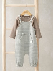 Mamas & Papas Stripe 100% Cotton Brown Dungaree & Bodysuit Set - Image 1 of 1