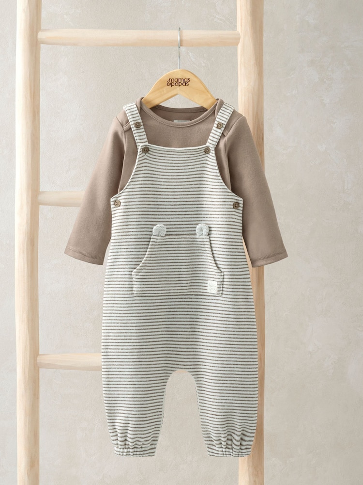 Mamas & Papas Stripe 100% Cotton Brown Dungaree & Bodysuit Set - Image 1 of 1