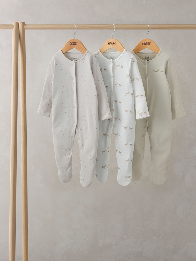 Mamas & Papas Wild Animals Print 100% Cotton Brown Sleepsuits 3 Pack - Imagen 1 de 3