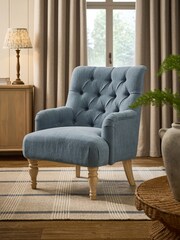 Relaxed Linen Look Mid Blue Wolton Highback Accent Chair - Image 1 of 7