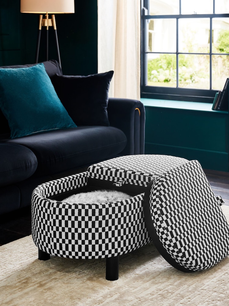Woven Checkerboard Black/White Ashton Upholstered Large Storage Stool - Image 2 of 10 Woven Checkerboard Black/White Ashton Upholstered Large Storage Stool - Image 2 of 10
