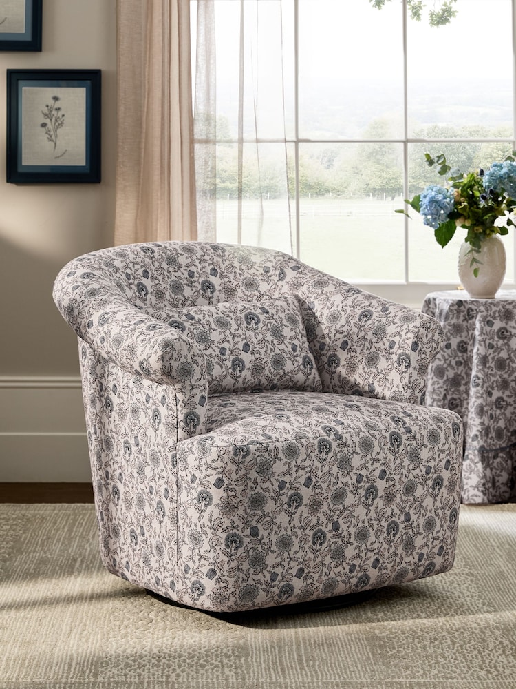 Relaxed Linen Look Woodblock Floral Print Blue Esme Swivel Accent Chair - Image 1 of 8