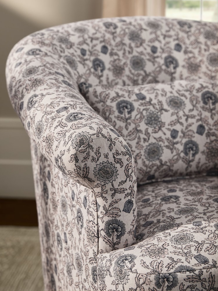 Relaxed Linen Look Woodblock Floral Print Blue Esme Swivel Accent Chair - Image 2 of 8