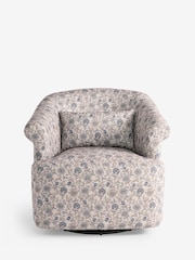 Relaxed Linen Look Woodblock Floral Print Blue Esme Swivel Accent Chair - Image 4 of 8
