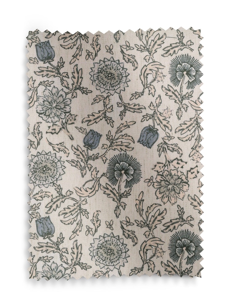 Relaxed Linen Look Woodblock Floral Print Blue Esme Swivel Accent Chair - Image 8 of 8