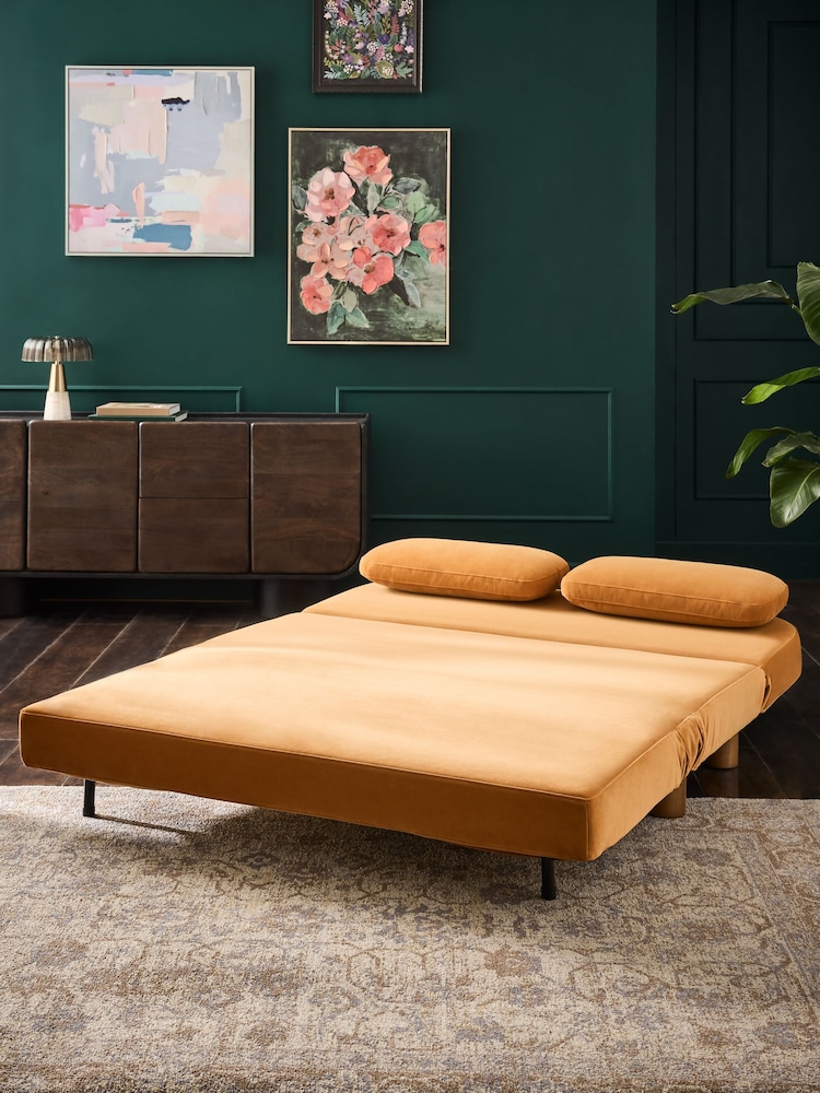 Soft Velvet Ochre Yellow Palma Double Sofa Bed - Image 2 of 12 Soft Velvet Ochre Yellow Palma Double Sofa Bed - Image 2 of 12