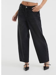 River Island Black Petite Elasticated Waist Barrel 100% Cotton Jeans - Image 1 of 4