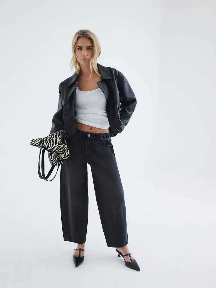 River Island Black Petite Elasticated Waist Barrel 100% Cotton Jeans - Image 2 of 4