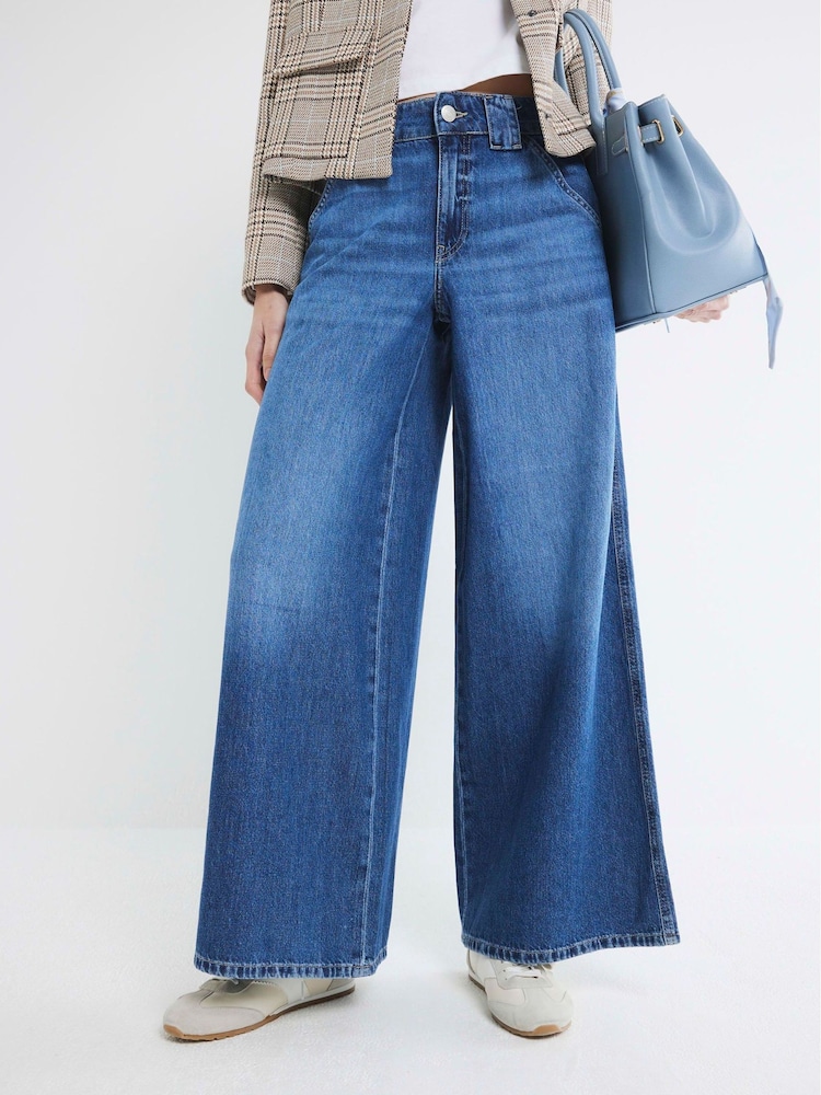 River Island Blue Low Rise Palazzo Wide Leg 100% Cotton Jeans - Image 3 of 6