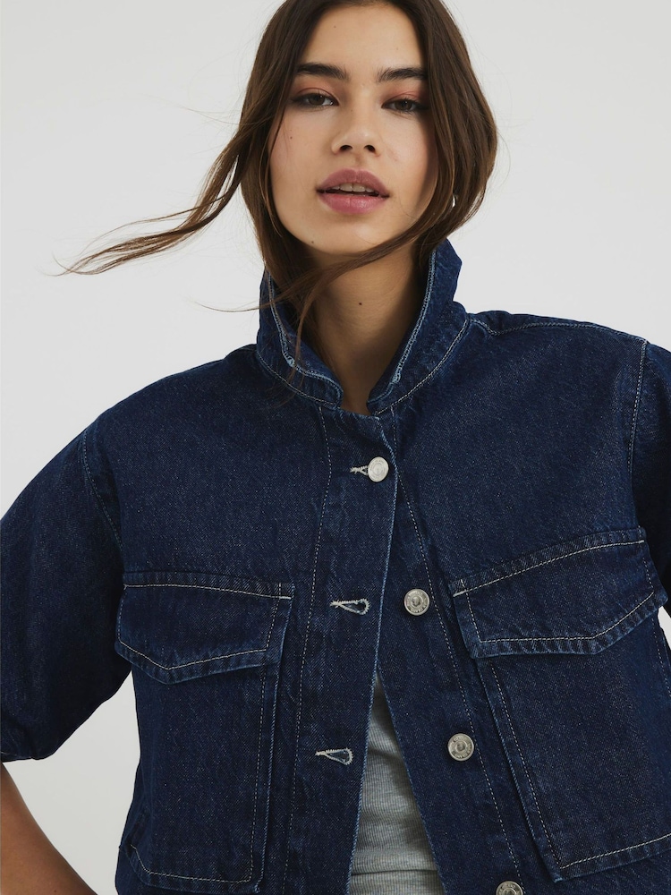 River Island 100% Cotton Boxy Crop Denim Shirt - Imagen 1 de 6