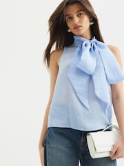 River Island Blue Pussybow Neck Tie Blouse - Image 1 of 6
