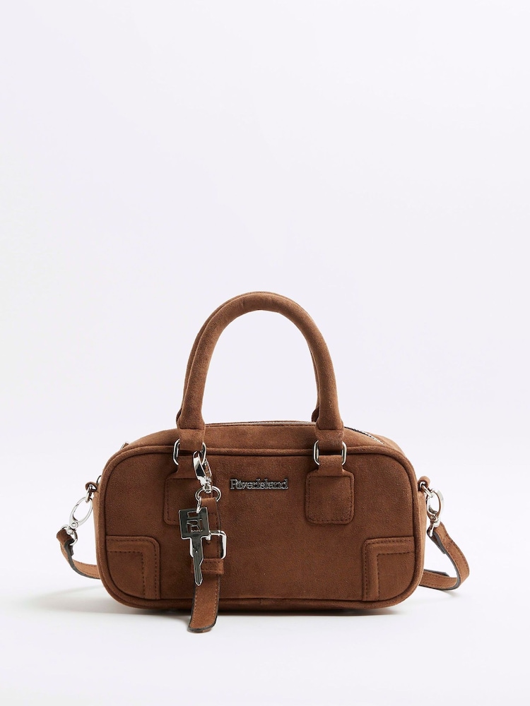 River Island Brown Faux Leather Charm Bowler Bag - Image 2 of 6