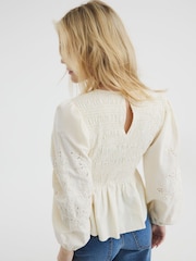 River Island Cream Shirred Bodice 100% Cotton Top - Image 2 of 6