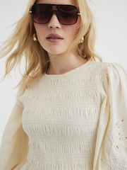 River Island Cream Shirred Bodice 100% Cotton Top - Image 3 of 6