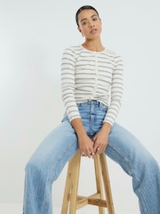River Island Cream 100% Cotton Ribbed Stripe Button Cardigan - Image 1 of 6