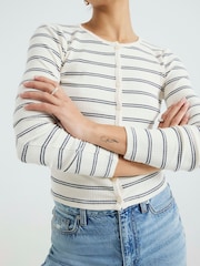 River Island Cream 100% Cotton Ribbed Stripe Button Cardigan - Image 2 of 6