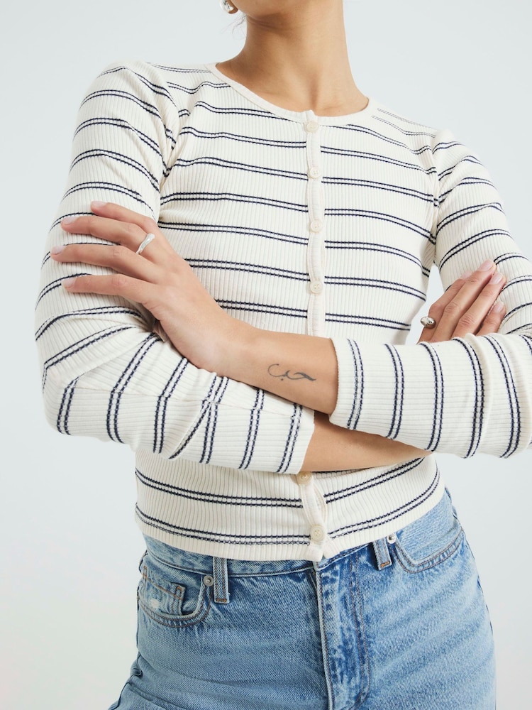 River Island Cream 100% Cotton Ribbed Stripe Button Cardigan - Image 2 of 6