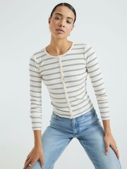 River Island Cream 100% Cotton Ribbed Stripe Button Cardigan - Image 3 of 6