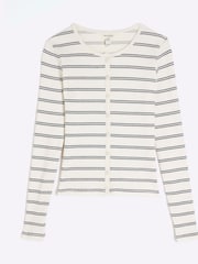River Island Cream 100% Cotton Ribbed Stripe Button Cardigan - Image 5 of 6