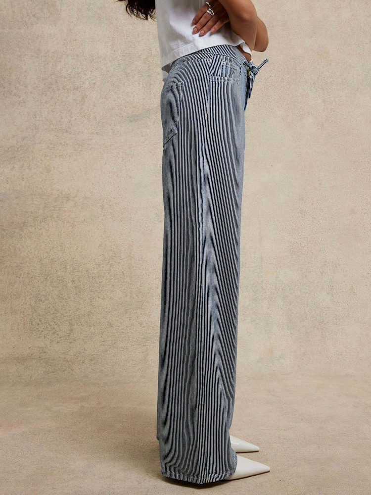 River Island Blue Wide Leg Tie Front Striped 100% Cotton Jeans - Image 2 of 4