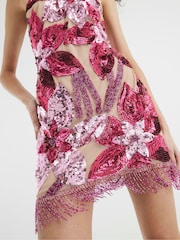 River Island Pink Mini Floral Print Sequin Halter Neck Dress - Image 4 of 6