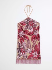 River Island Pink Mini Floral Print Sequin Halter Neck Dress - Image 5 of 6