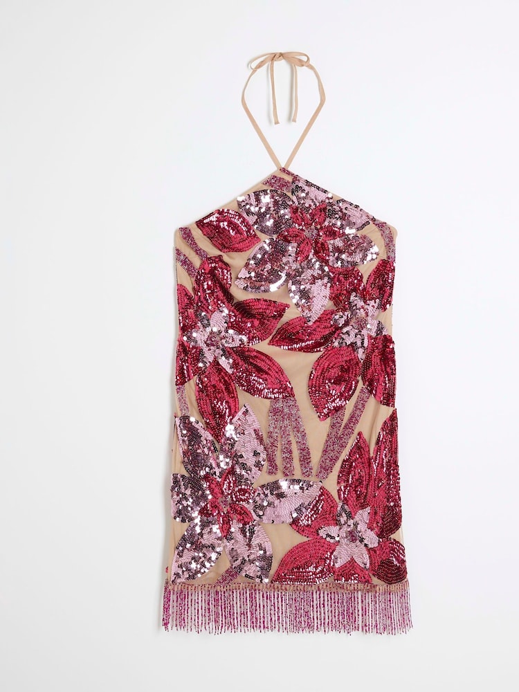 River Island Pink Mini Floral Print Sequin Halter Neck Dress - Image 5 of 6