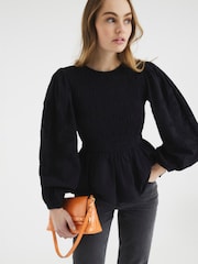 River Island Black Shirred Bodice 100% Cotton Top - Image 1 of 6