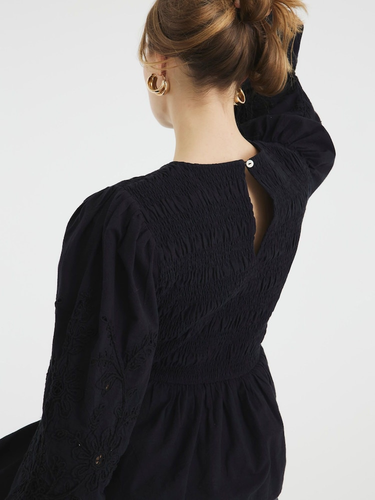 River Island Black Shirred Bodice 100% Cotton Top - Image 2 of 6
