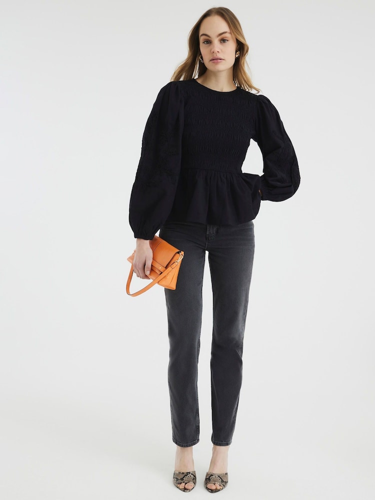 River Island Black Shirred Bodice 100% Cotton Top - Image 3 of 6