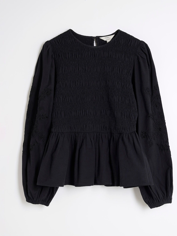 River Island Black Shirred Bodice 100% Cotton Top - Image 5 of 6
