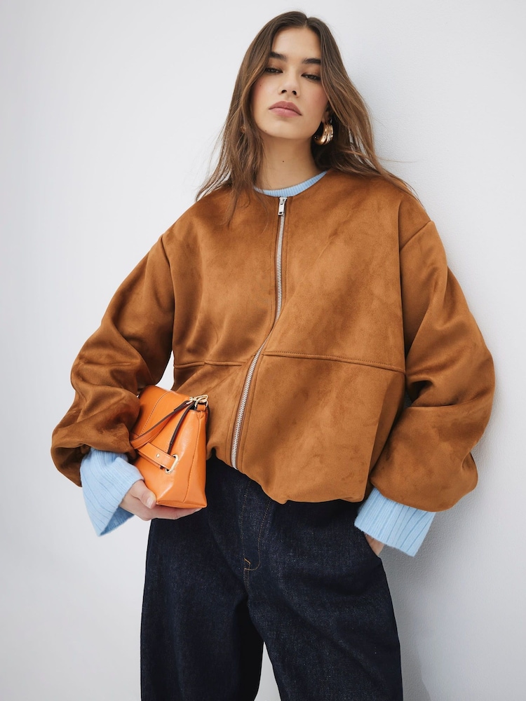 River Island Brown Suedette Bubble Hem Bomber Jacket - Image 1 of 6