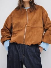 River Island Brown Suedette Bubble Hem Bomber Jacket - Image 4 of 6